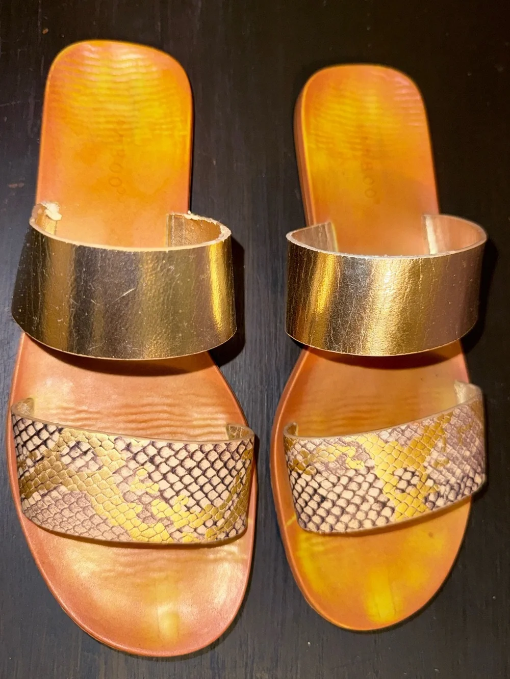 BAMBOO Metallic Gold Snake-Print Double Strap Slide Sandals